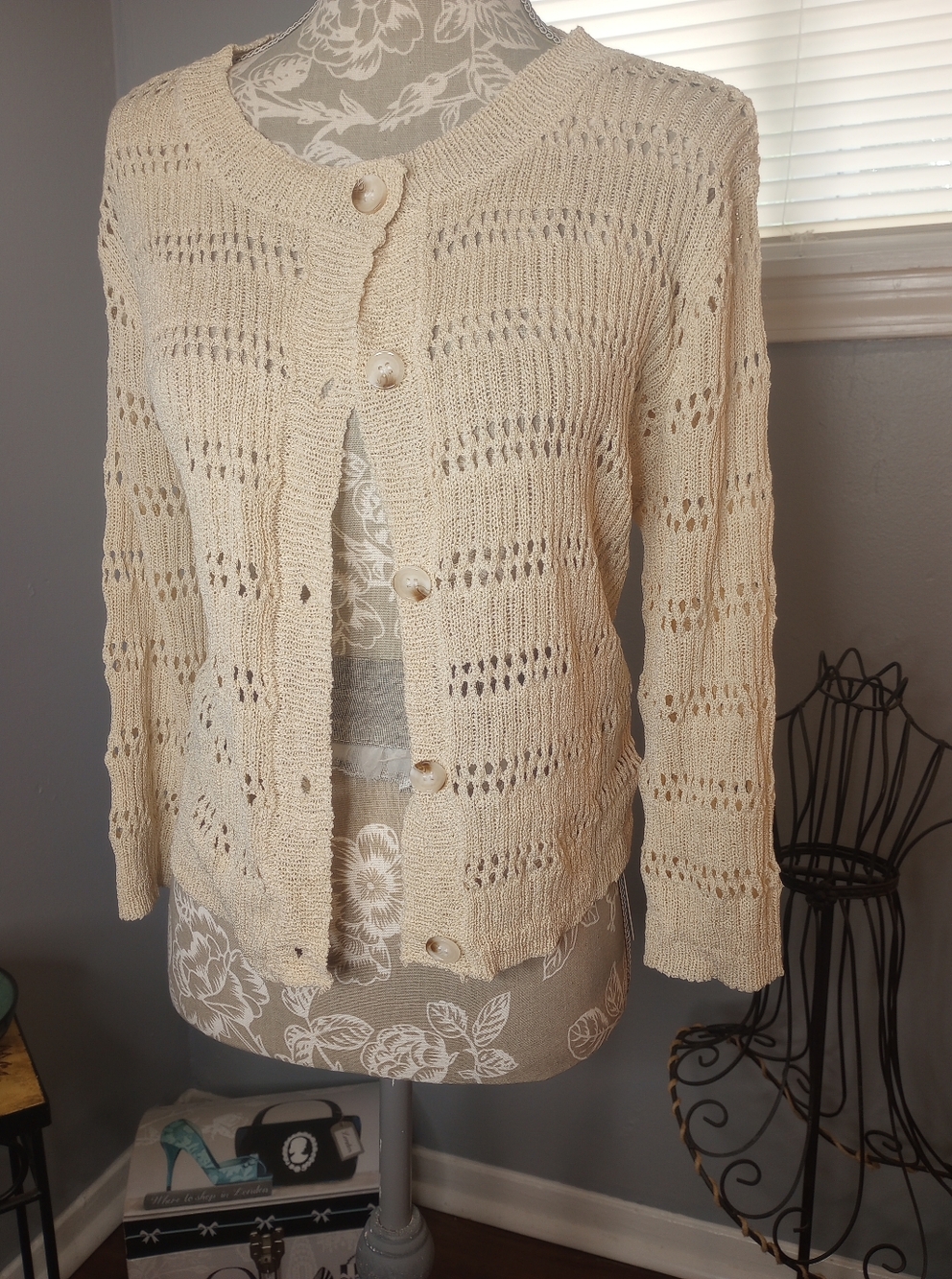 Women's Cream Open-Knit Button Cardigan Sweater